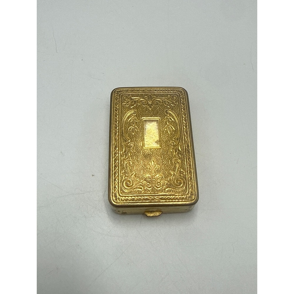 Vintage Gold Tone Etched Floral Pill Box Compact with Mirror Rectangular Trinket